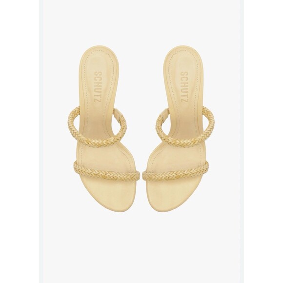 Schutz Taliah Mid Woven Leather Kitten Heel Sandal Strappy Tan Women's Sz 7 New - Picture 2 of 9